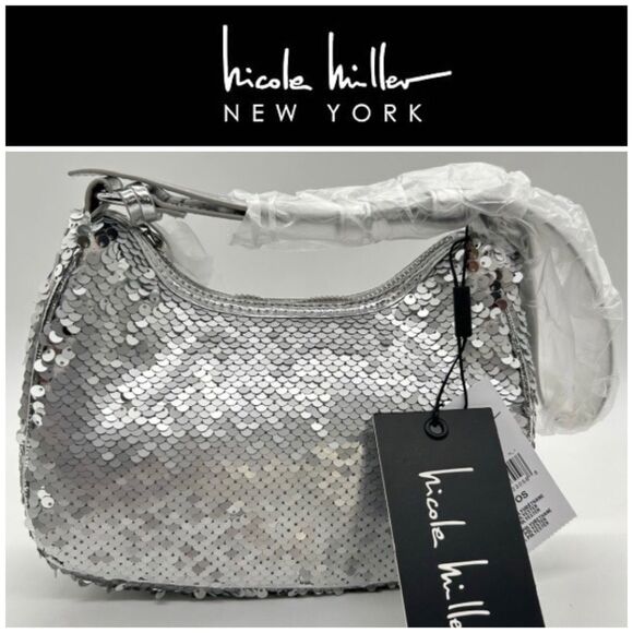 NICOLE MILLER - NWT - Silver Sequin & Vegan Leather Shoulder Bag. Shiny & Chic! - Picture 1 of 16